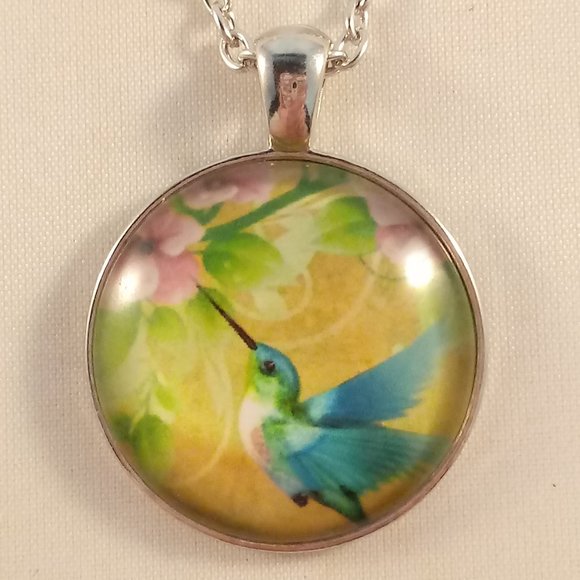 Silver Hummingbird Flower Cabochon Pendant Necklace 20" Party Gift - Picture 1 of 2